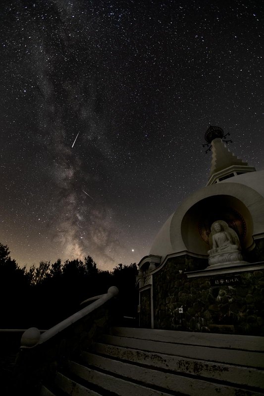 Shooting stars streak across the Milky Way as Jupiter sets along the horizon of the Grafton Peace Pagoda