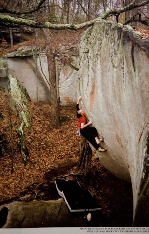 Jason Kehl makes the second ascent of The Shield. V12